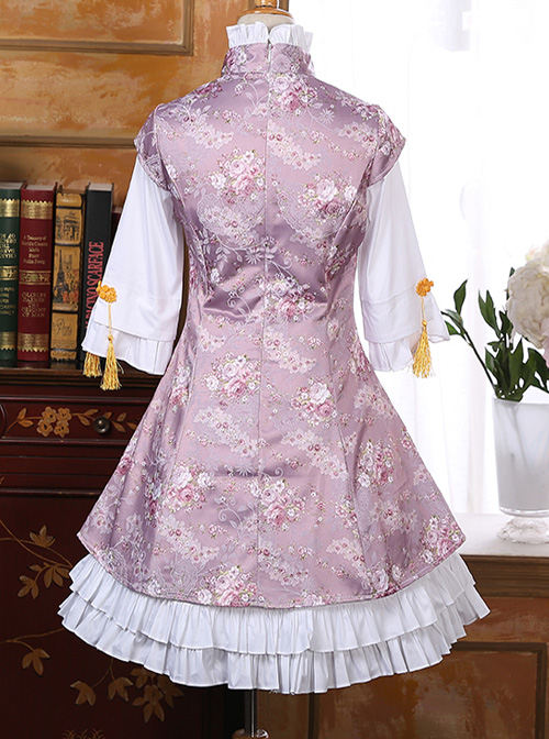 Pink Or Blue High Collar Improved Cheongsam Chinese Style Qi Lolita Half Sleeve Dress