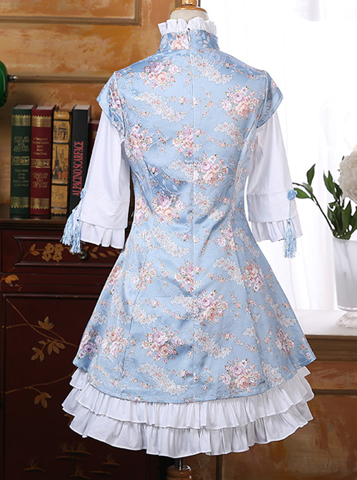 Pink Or Blue High Collar Improved Cheongsam Chinese Style Qi Lolita Half Sleeve Dress