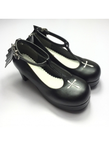 Gothic T-shaped Straps Lolita Heels Angelic Imprint Shoes with Detachable Angel Wings