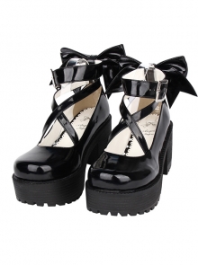 Round-toe Black Patent Leather Bowknot Lolita High Heel Shoes In 8 cm