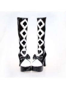Black and White High Heel Bow and Poker PU Lolita Boots