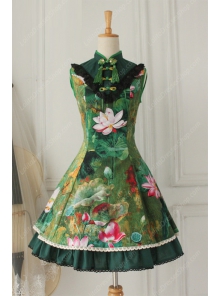 Lolita Cotton Vintage Chinese lotus Flounced Stand Collar OP Dress