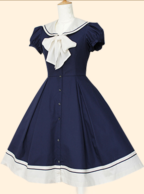 Bowknot Navy Style School Lolita Retro Short Sleeve Dress