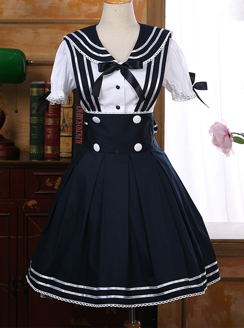 Black Bowknot Navy Style School Lolita Short Sleeve Dress Set