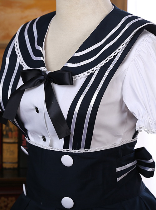 Black Bowknot Navy Style School Lolita Short Sleeve Dress Set