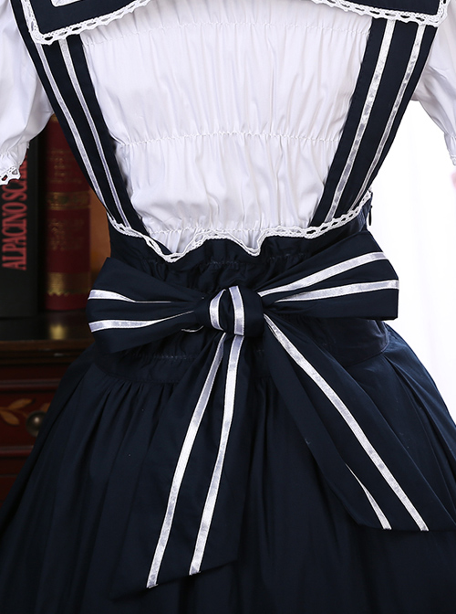 Black Bowknot Navy Style School Lolita Short Sleeve Dress Set