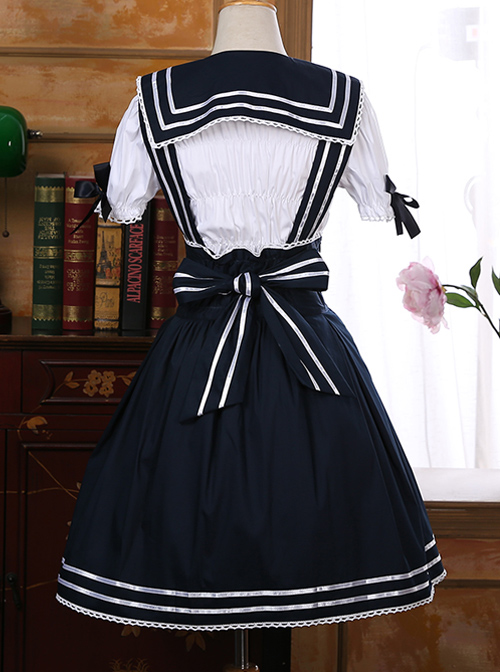 Black Bowknot Navy Style School Lolita Short Sleeve Dress Set
