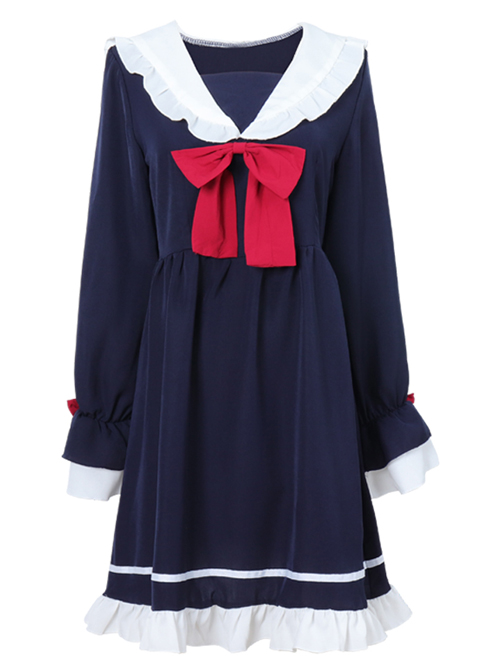 Blue Bowknot Chiffon School Lolita Long Sleeves Dress