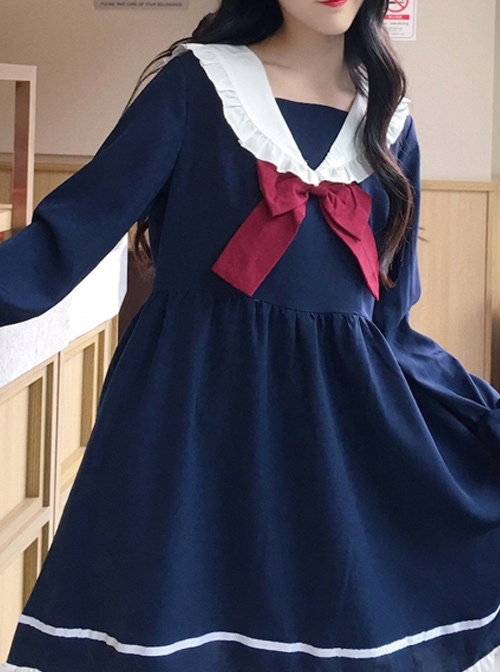 Blue Bowknot Chiffon School Lolita Long Sleeves Dress