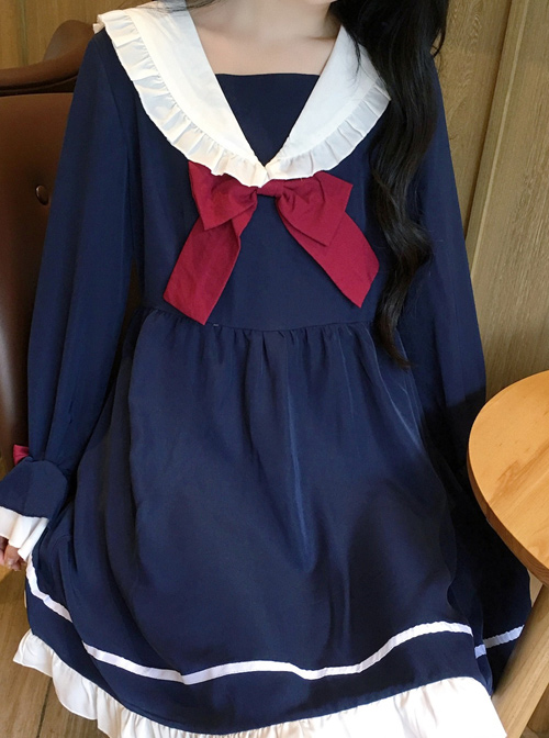 Blue Bowknot Chiffon School Lolita Long Sleeves Dress