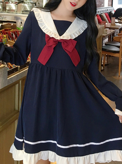 Blue Bowknot Chiffon School Lolita Long Sleeves Dress