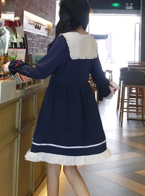 Blue Bowknot Chiffon School Lolita Long Sleeves Dress