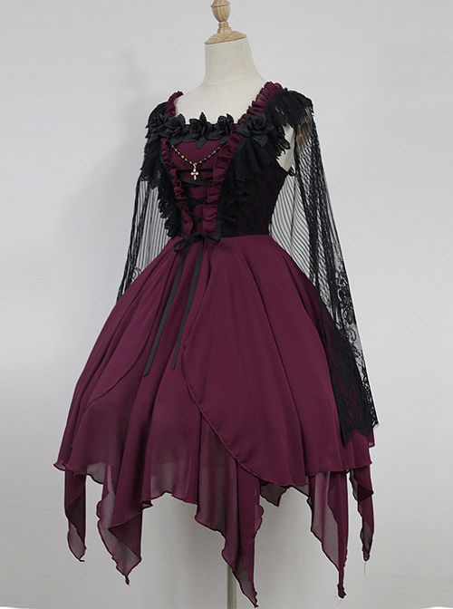 Detachable Cape Darkness Ballet Floral Fairy Skirt JSK Gothic Lolita Dress
