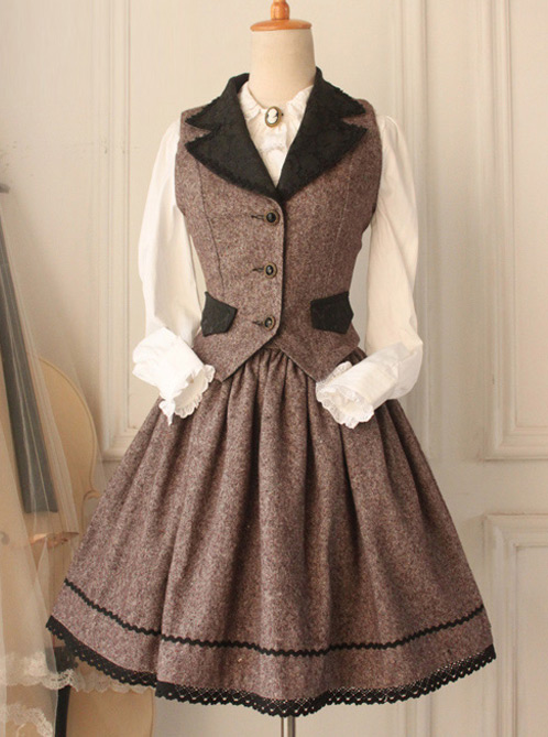 Brown Elegant Retro Lolita Skirt And Vest Suit