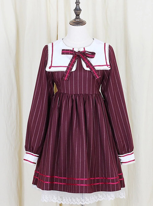 Wine Red Stripe Girls Series Bowknot School Lolita Long Sleeve Dress