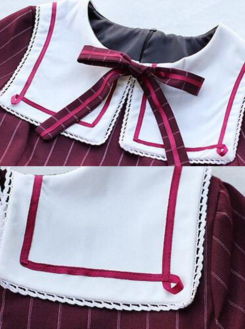 Wine Red Stripe Girls Series Bowknot School Lolita Long Sleeve Dress