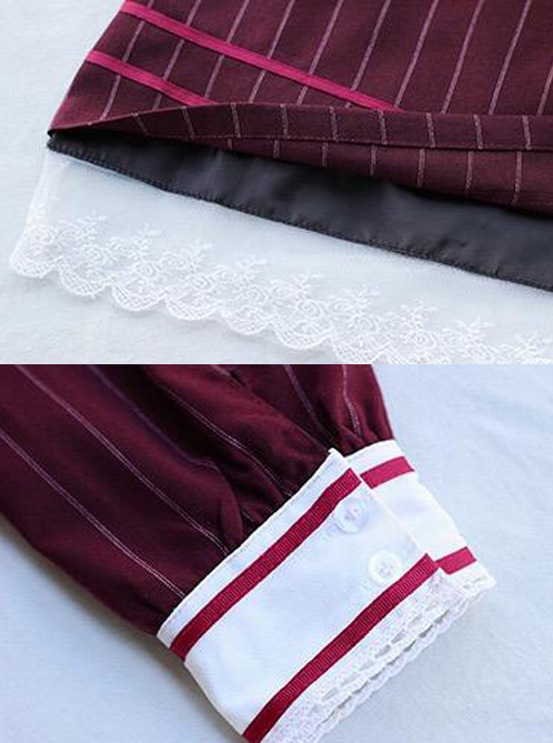 Wine Red Stripe Girls Series Bowknot School Lolita Long Sleeve Dress