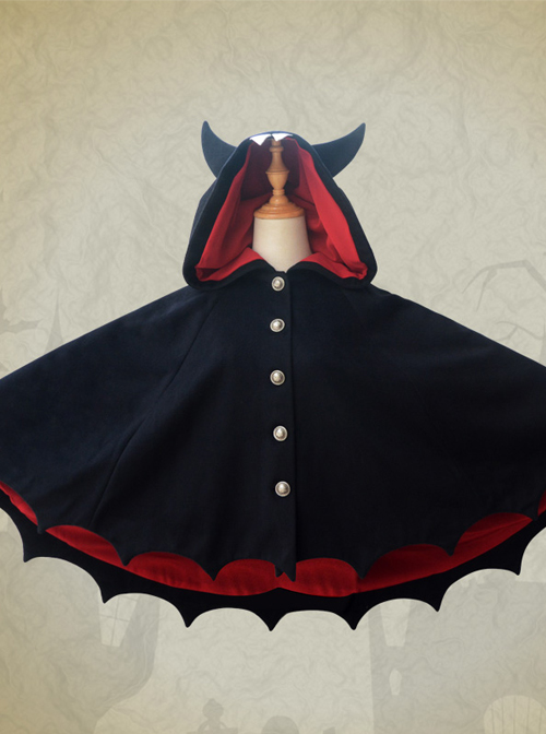 Devil\'s Ears Gothic Lolita Autumn Winter Black Wool Bat Cloak