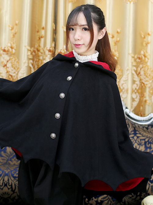 Devil\'s Ears Gothic Lolita Autumn Winter Black Wool Bat Cloak