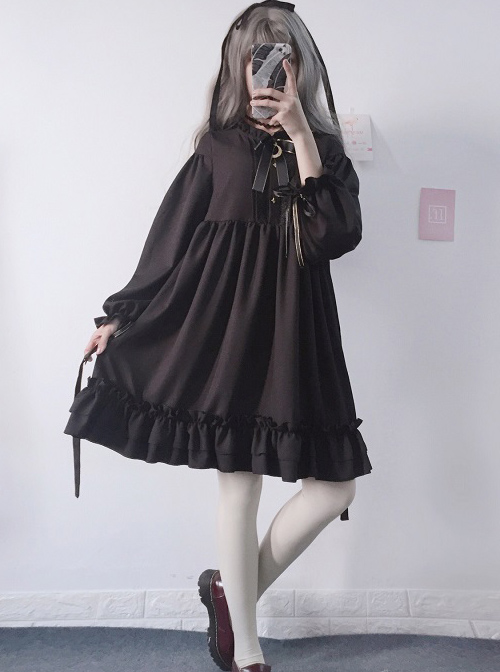 The Castle Under The Moonlight Series Pure Black Ruffle Hem Gothic Lolita Long Sleeve Dress