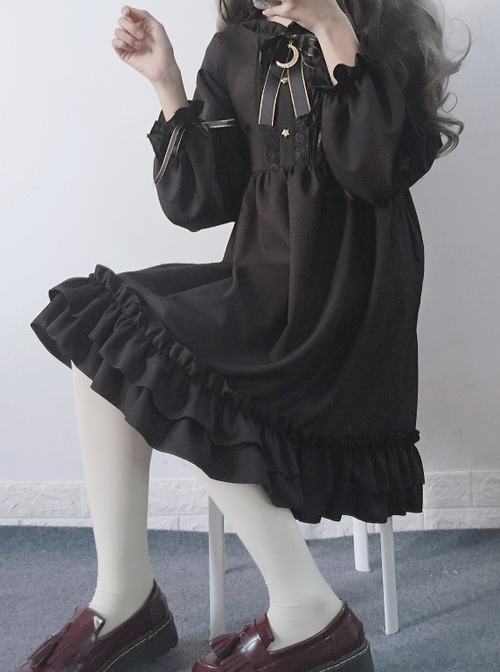 The Castle Under The Moonlight Series Pure Black Ruffle Hem Gothic Lolita Long Sleeve Dress