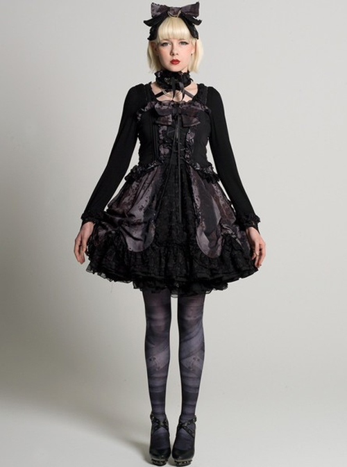 Black Chiffon Lace-up Gothic Lolita Dress