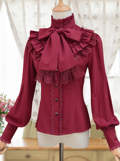 Stand Collar Bowknot Tie Retro Lolita Lantern Sleeve Long Sleeve Shirt