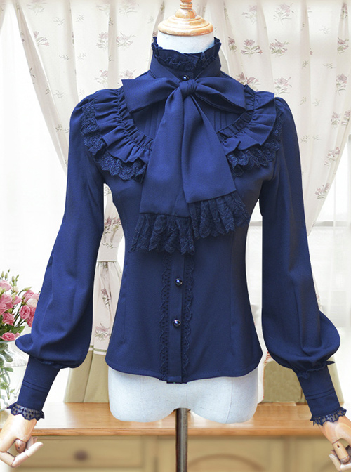 Stand Collar Bowknot Tie Retro Lolita Lantern Sleeve Long Sleeve Shirt