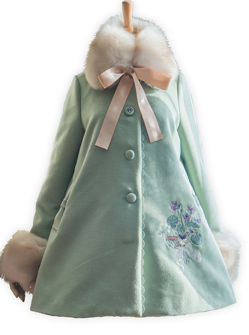 Flowers Embroidery Classic Lolita Fur Collar Pure Color Woolen Coat