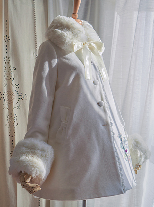 Flowers Embroidery Classic Lolita Fur Collar Pure Color Woolen Coat