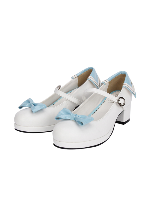 Light Blue And Dark Blue Bowknot Navy Style Lolita Round-toe High Heel Shoes
