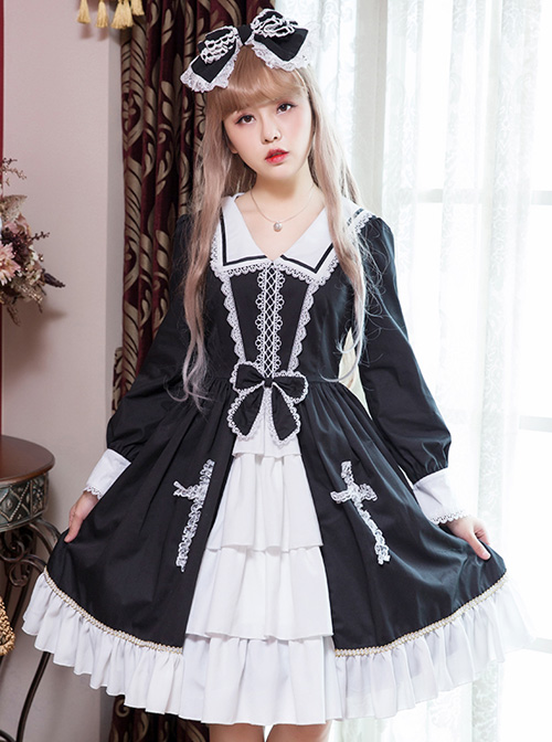 Black And White Lace Bowknot Lapel Lace Cross Gothic Lolita Long Sleeve Dress