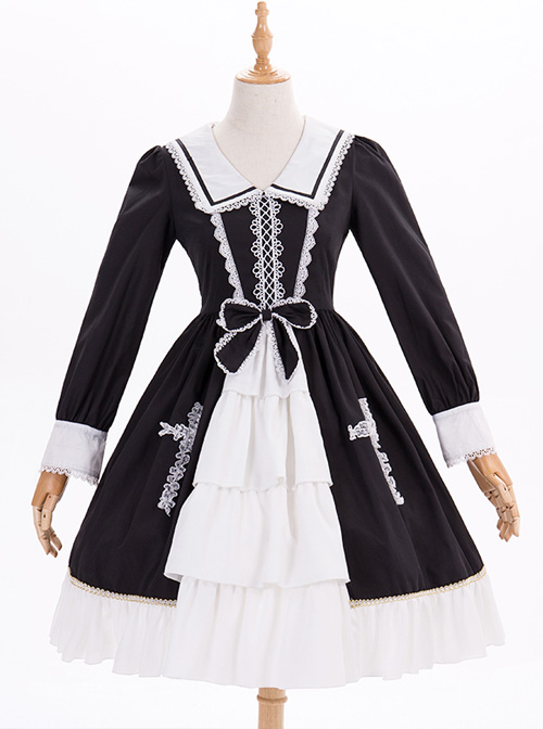 Black And White Lace Bowknot Lapel Lace Cross Gothic Lolita Long Sleeve Dress