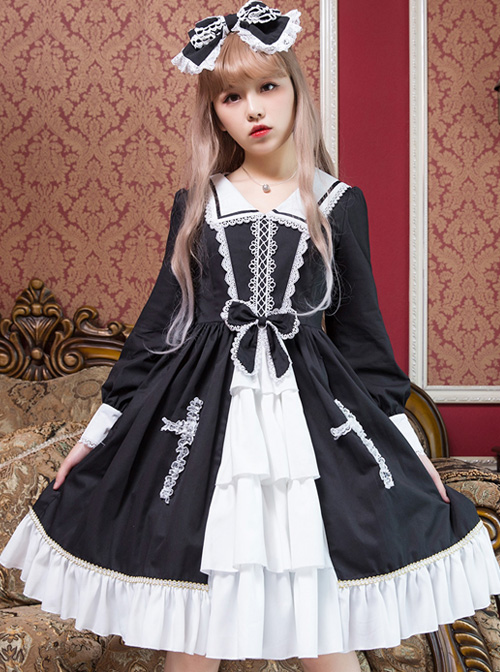 Black And White Lace Bowknot Lapel Lace Cross Gothic Lolita Long Sleeve Dress