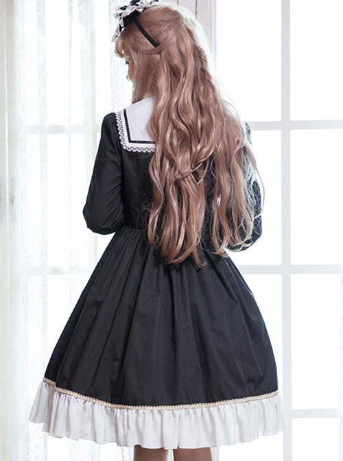 Black And White Lace Bowknot Lapel Lace Cross Gothic Lolita Long Sleeve Dress