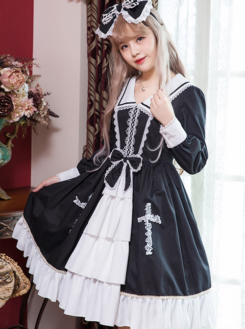 Black And White Lace Bowknot Lapel Lace Cross Gothic Lolita Long Sleeve Dress