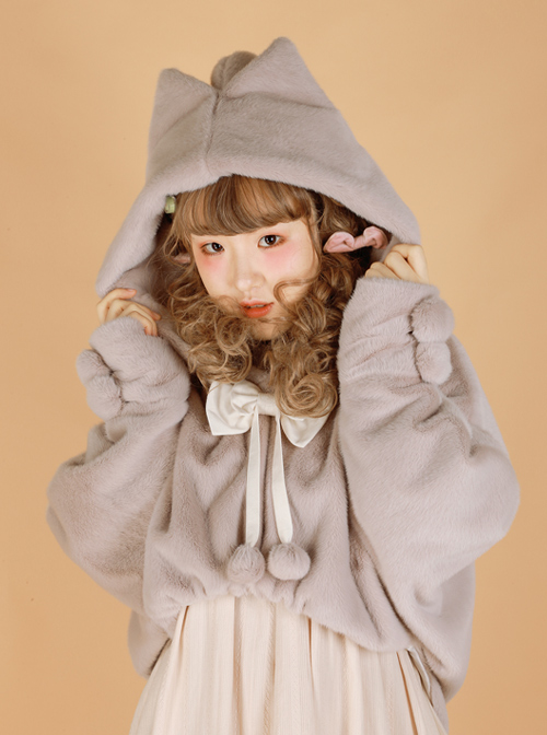 Ghost Cat Series Fluffy Pure Color Sweet Lolita Bat Sleeves Short Coat