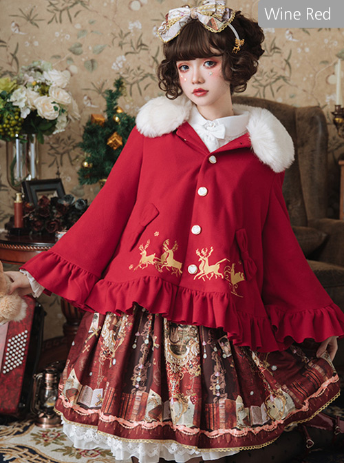 Elk Printing Detachable Fur Collar Classic Lolita Cloak Coat