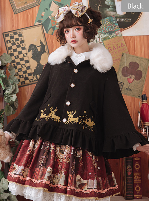 Elk Printing Detachable Fur Collar Classic Lolita Cloak Coat