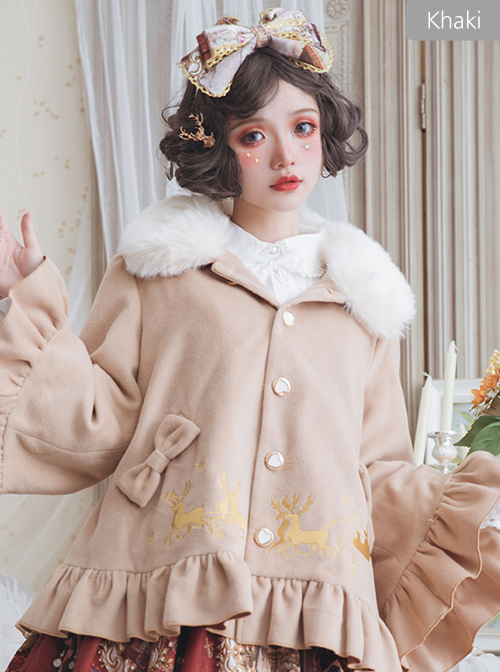 Elk Printing Detachable Fur Collar Classic Lolita Cloak Coat