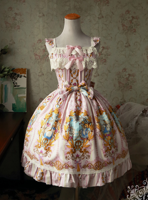 Magic Tea Party Alice Print JSK Bowknot Sweet Lolita Sling Dress