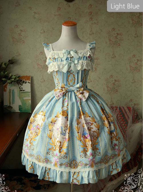 Magic Tea Party Alice Print JSK Bowknot Sweet Lolita Sling Dress