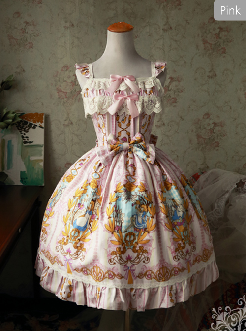 Magic Tea Party Alice Print JSK Bowknot Sweet Lolita Sling Dress