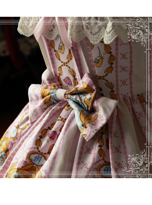 Magic Tea Party Alice Print JSK Bowknot Sweet Lolita Sling Dress