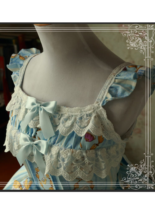 Magic Tea Party Alice Print JSK Bowknot Sweet Lolita Sling Dress