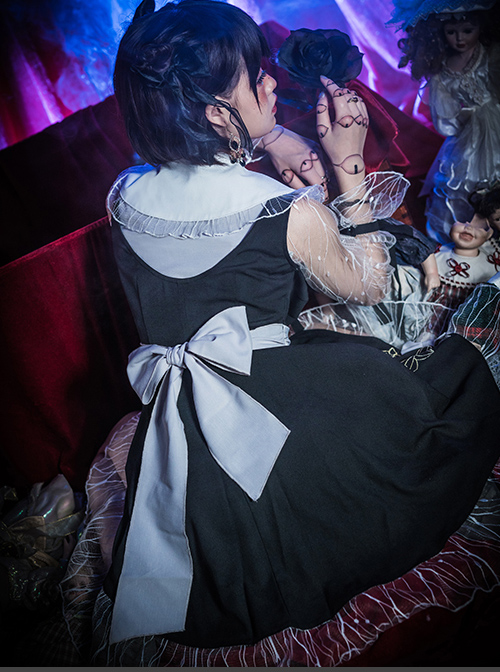 Night Lily Series Lapel Bowknot Black Gothic Lolita Transparent Long Sleeve Dress
