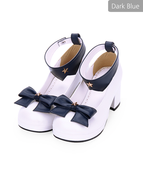 Detachable Pentagram Bowknot Lolita Round-toe Navy High Heel Shoes