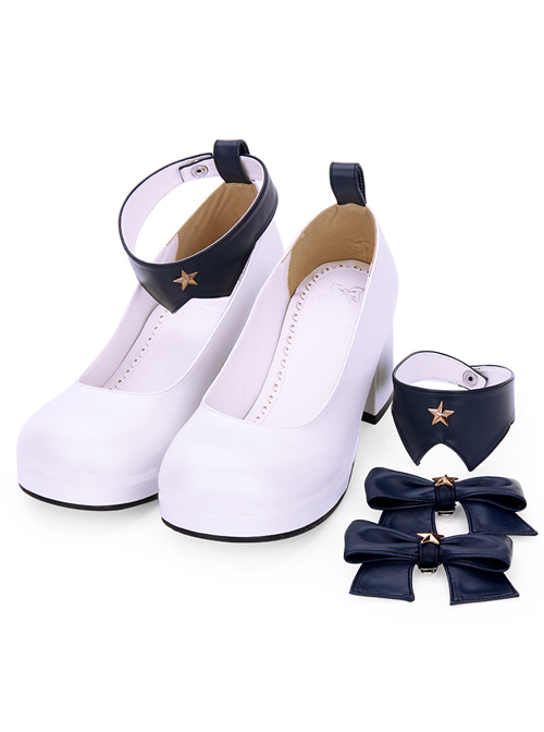 Detachable Pentagram Bowknot Lolita Round-toe Navy High Heel Shoes