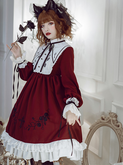 Oath Roses Series Embroidery Gothic Lolita Bowknot Long Sleeve Dress