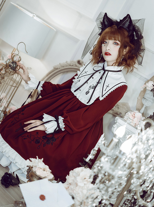 Oath Roses Series Embroidery Gothic Lolita Bowknot Long Sleeve Dress